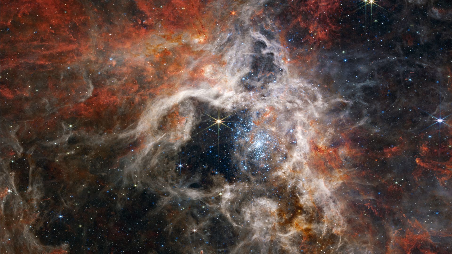 A photograph of the Tarantula Nebula taken by JWST. 