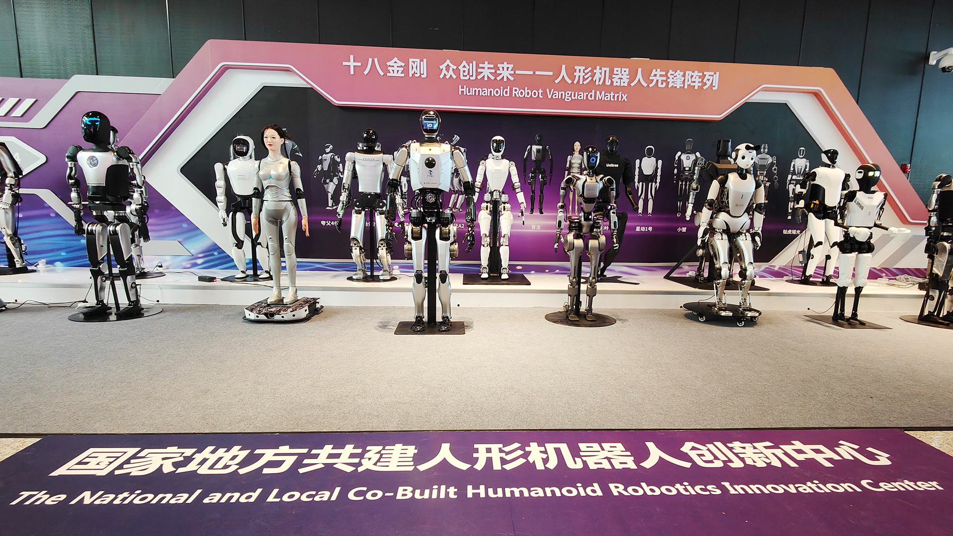 Eighteen humanoid robots displayed at the 2024 WAIC in Shanghai, China.