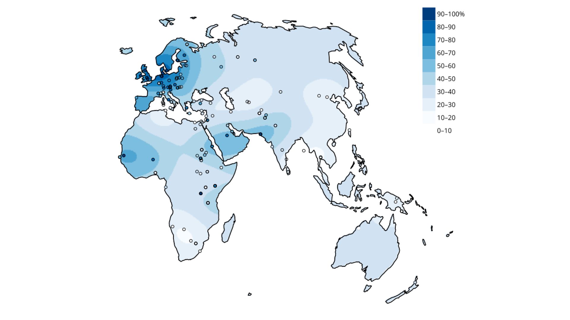 Interpolated map of the percentage of adults that can digest lactose in the indigenous population of the Old World.