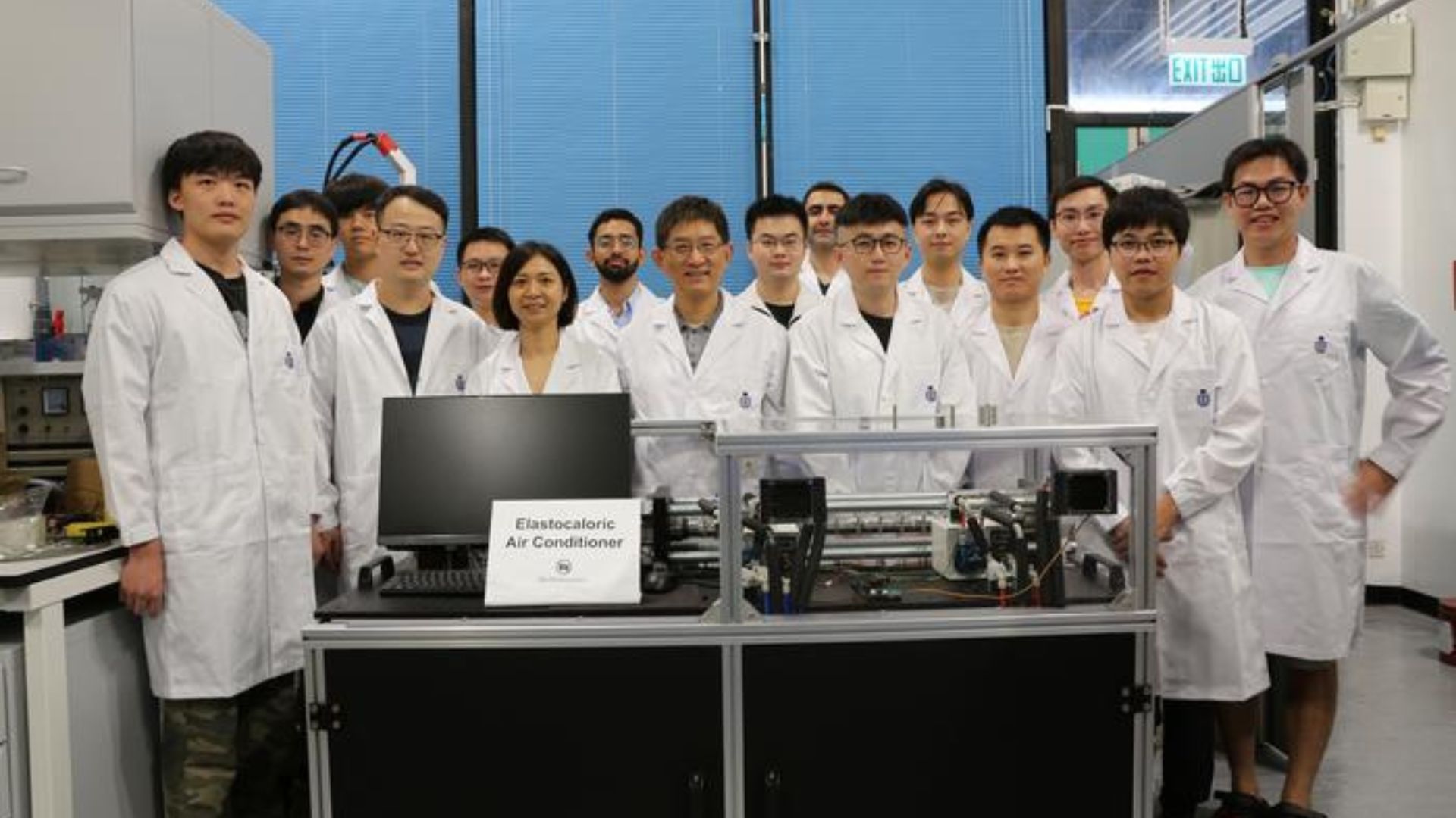 The Hong Kong University of Science and Technology team with their elastocaloric air conditioner.