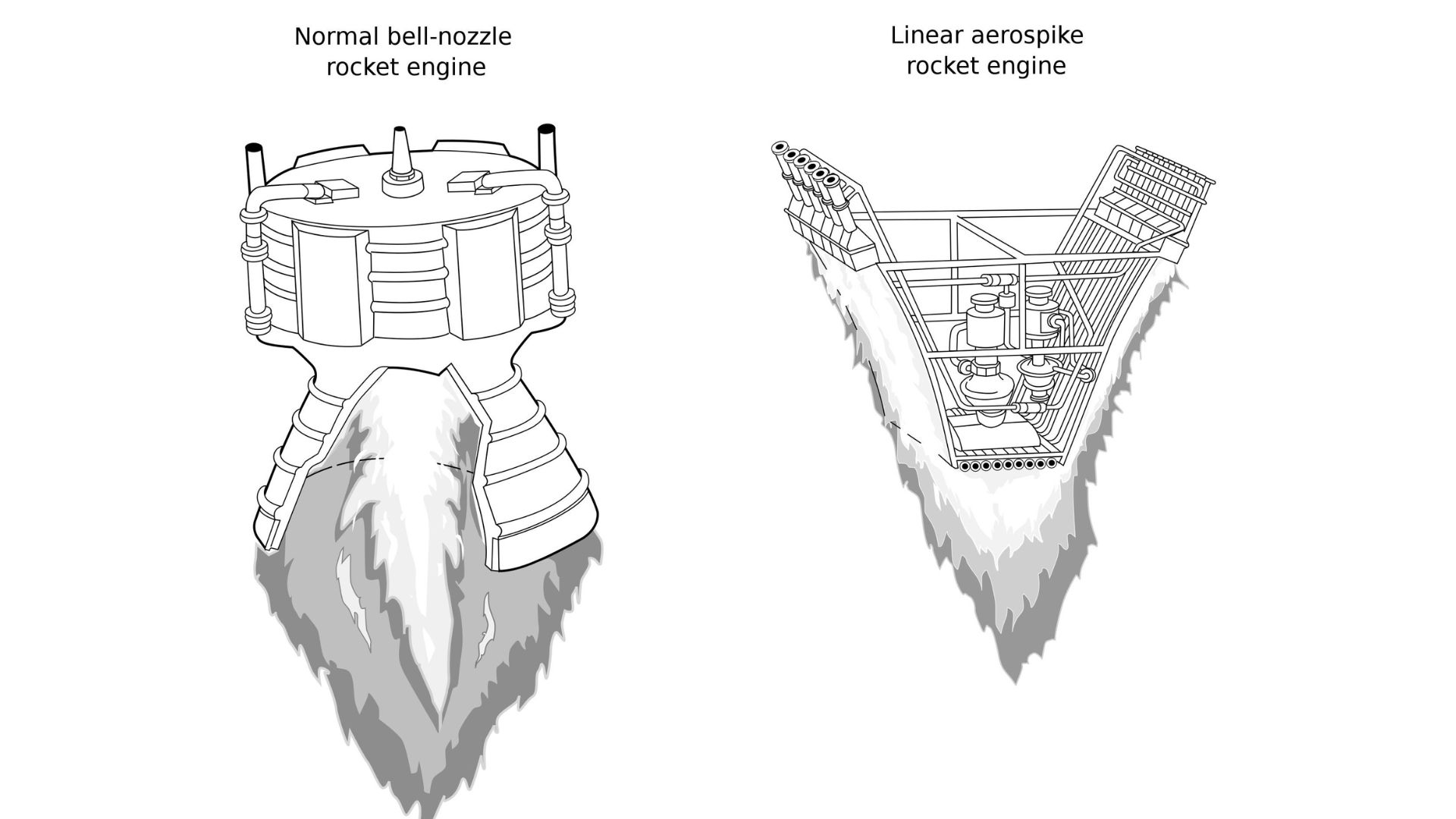 The aerospike engine channels exhaust along a central spike, using surrounding air as the nozzle's other side.