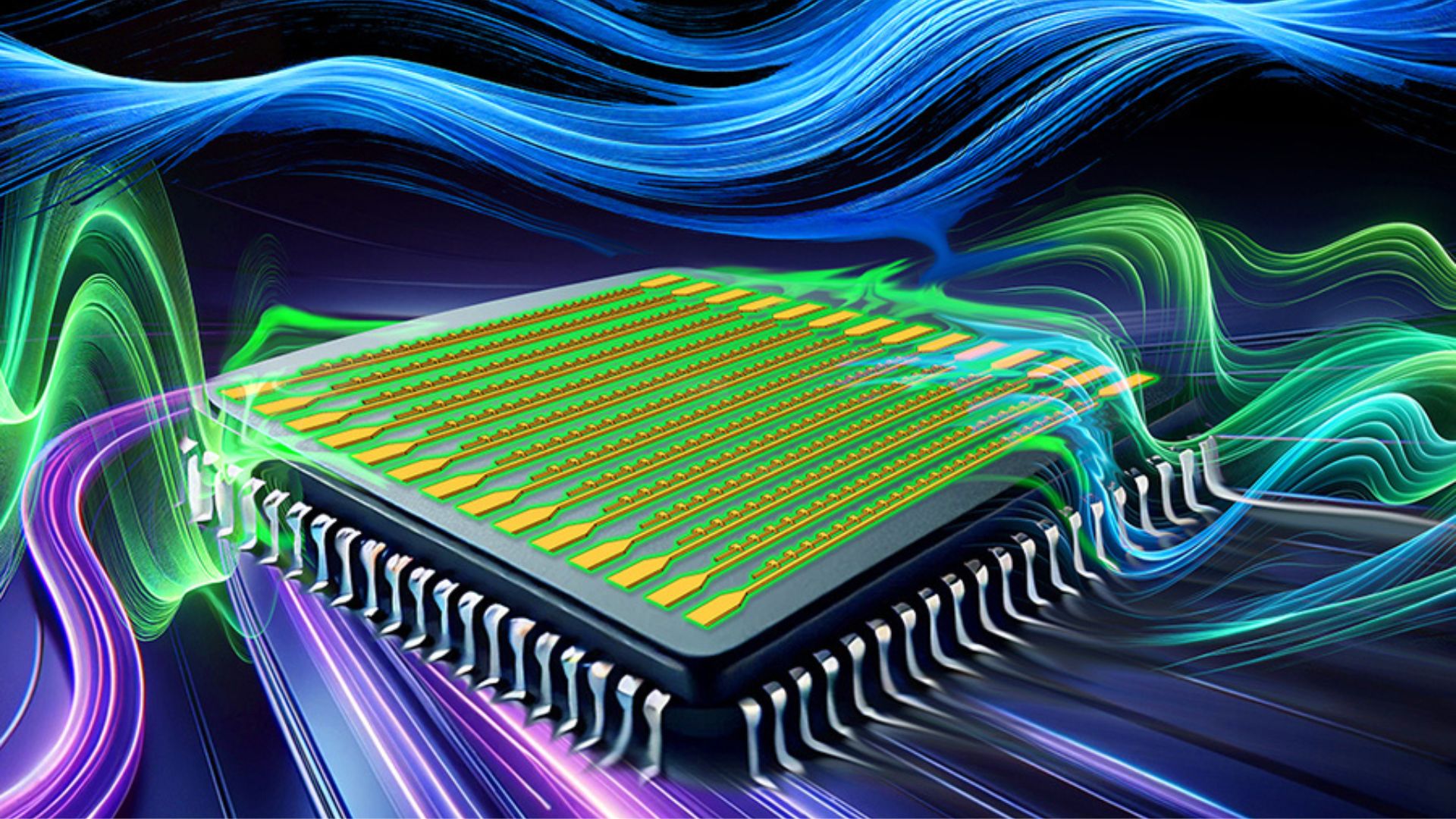 Representación artística de un microprocesador o chip de computadora avanzado. El chip se muestra en el centro, con una estructura cuadriculada en amarillo y verde sobre su superficie. Está rodeado por ondas de luz de colores brillantes - azul en la parte superior, verde a los lados, y púrpura en la parte inferior - que sugieren flujos de datos o energía.