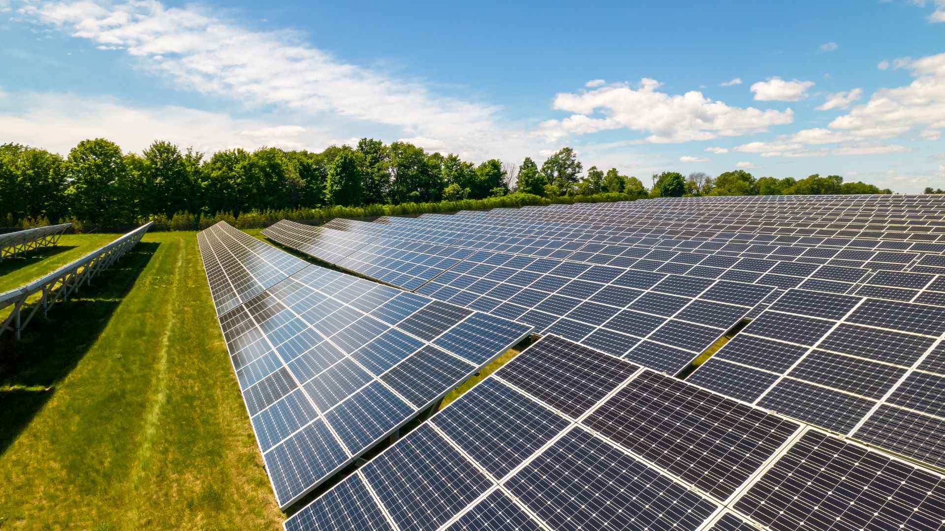 Paneles solares en un campo al aire libre bajo un cielo parcialmente despejado, rodeados de árboles y vegetación. Los paneles están dispuestos en filas inclinadas, capturando la luz solar para generar energía limpia y sostenible.