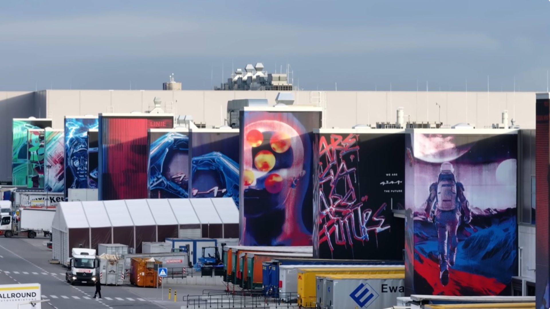 Robot muralist gives Tesla Gigafactory a colorful graffiti makeover