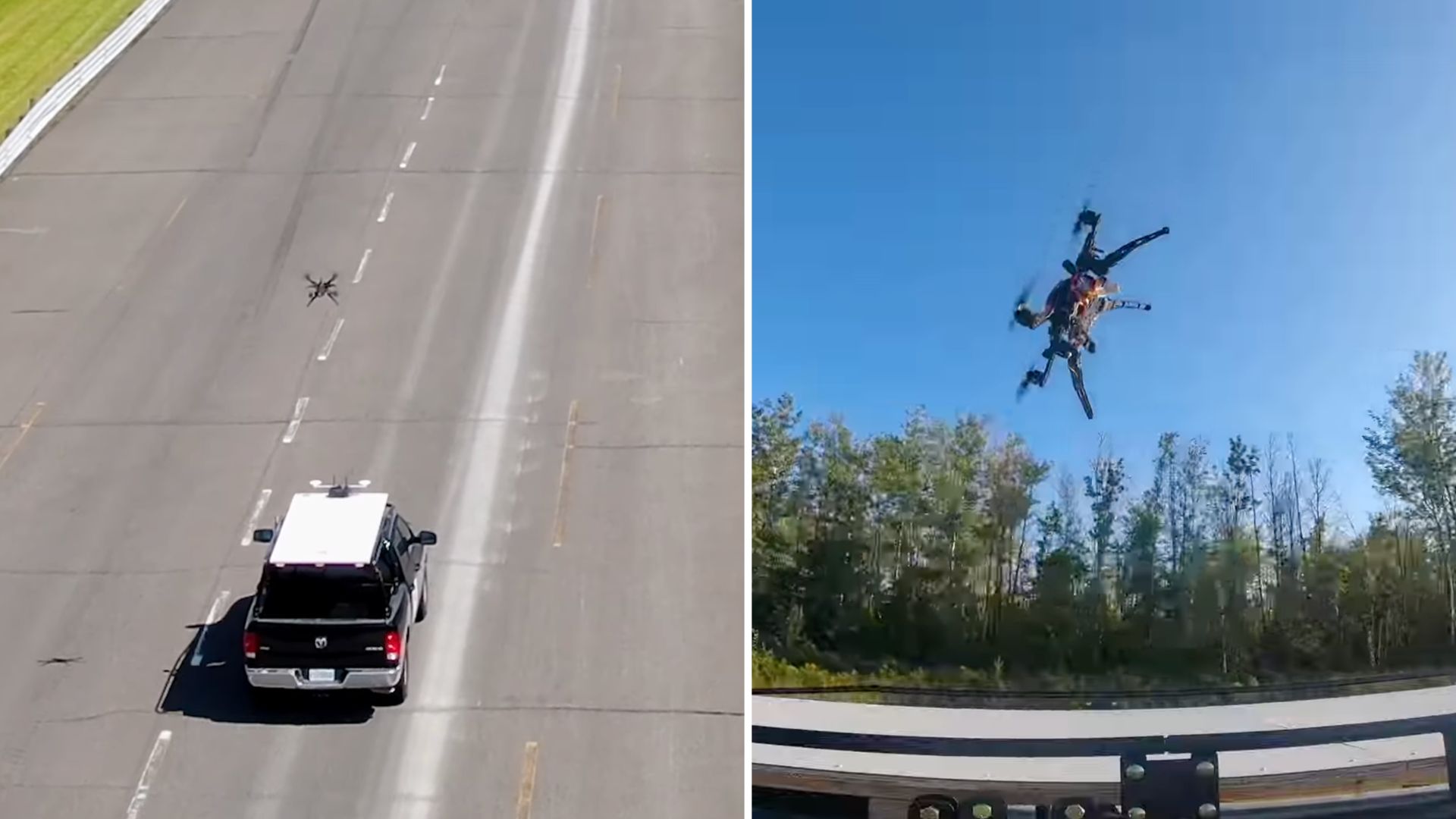 Drone lands on speeding truck with shock absorbers, reverse thrust