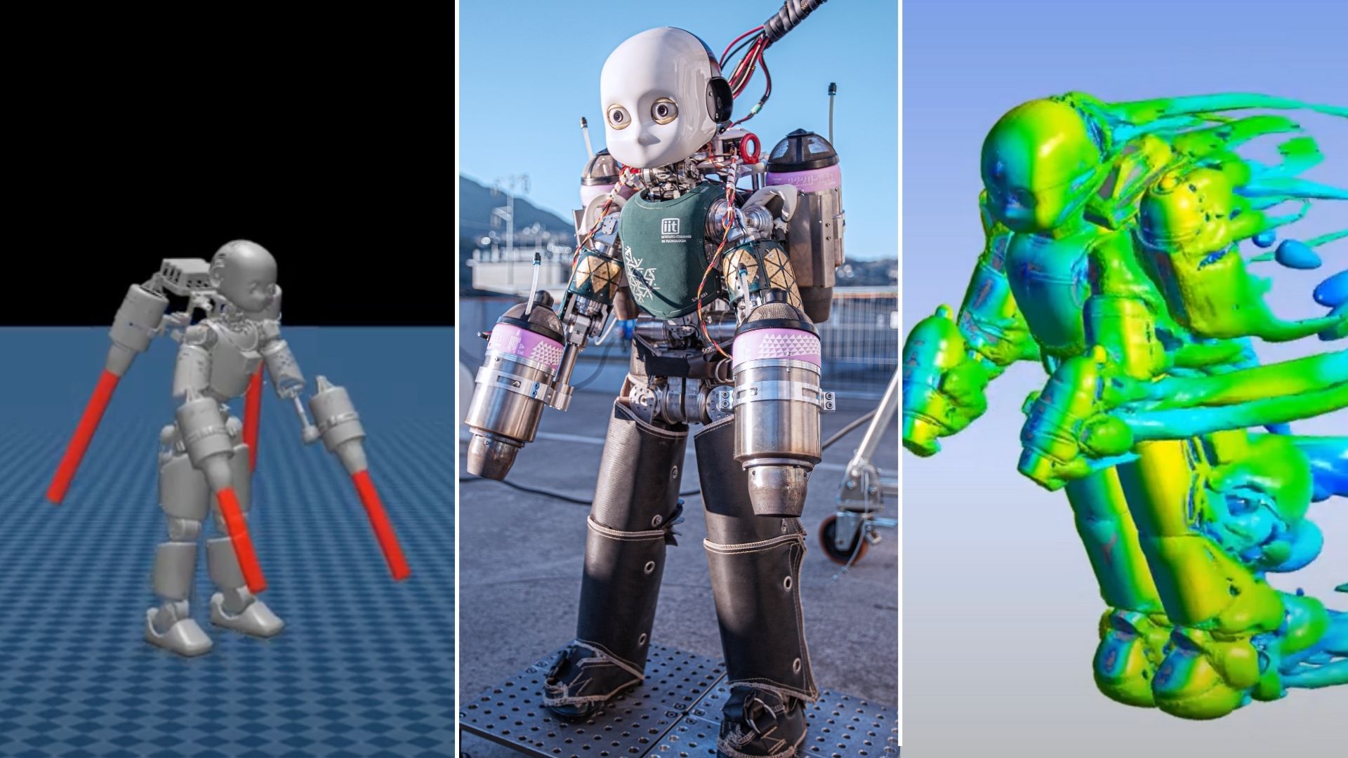 Jet-powered robot baby shows robust flight control in simulations