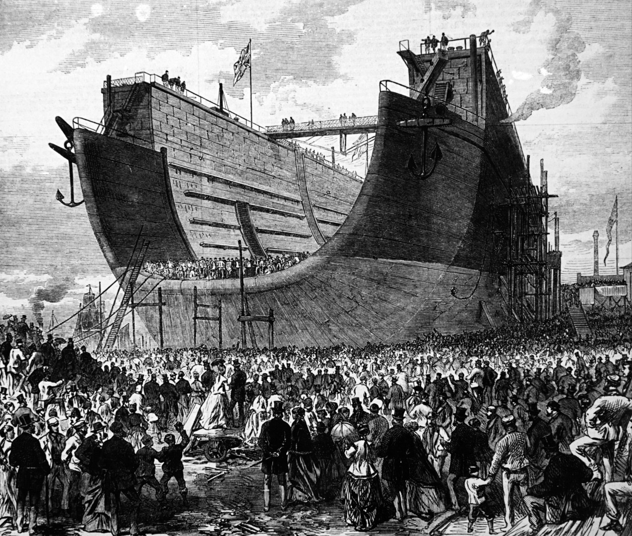 Engraving depicting the first attempt to launch the Bermuda floating dock from Woolwich, UK