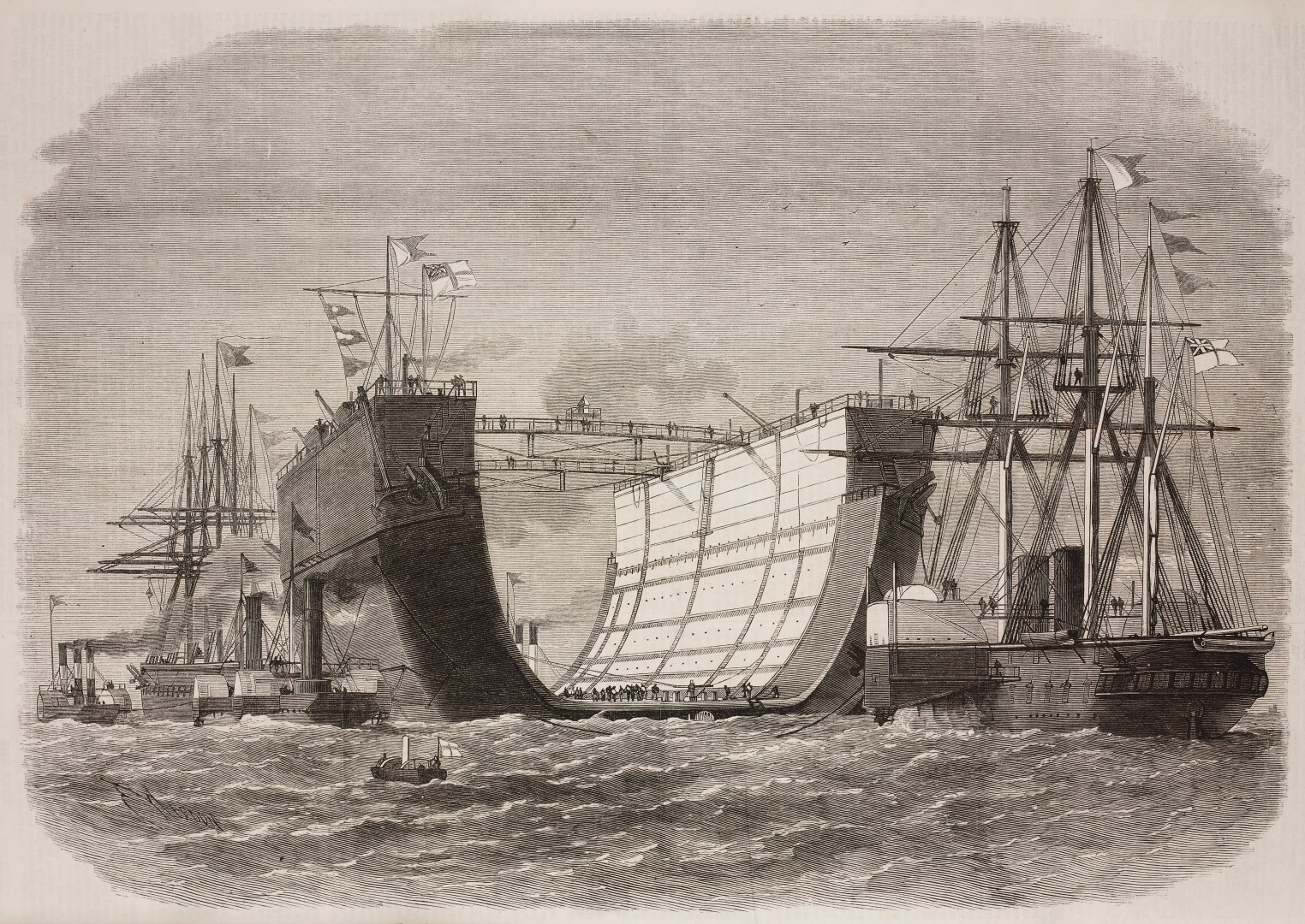 An illustration of the Bermuda floating dock on her way from Sheerness to the Downs, passing the Black Deep Channel, United Kingdom