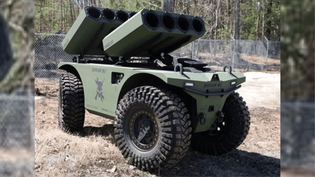 RIPSAW M1 military robot vehicle hits 53 mph, scouts terrain and launches munitions