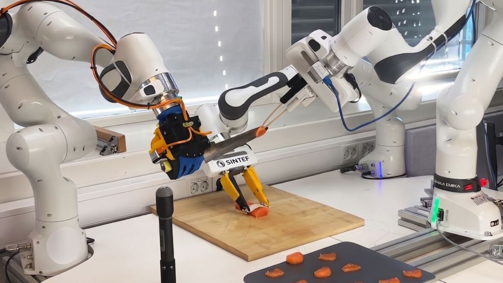 Three-armed kitchen robot cuts raw salmon with 95% touch-sensing accuracy