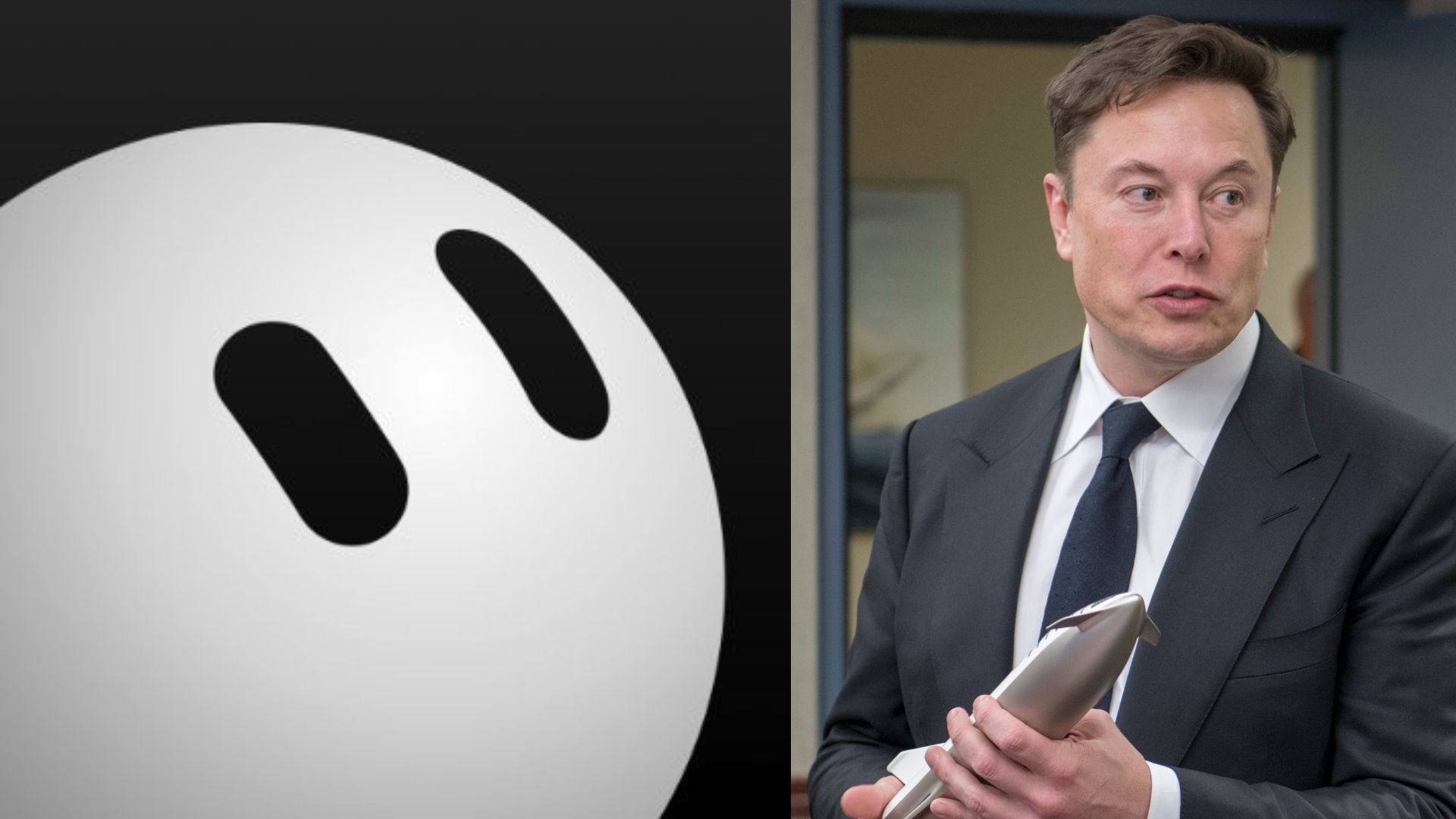 Bir fotoğraf kolajı, Elon Musk'ı bir takım elbiseyle tablet tutarken ve yanında büyük beyaz bir hayalet emojisiyle gösteriyor.
