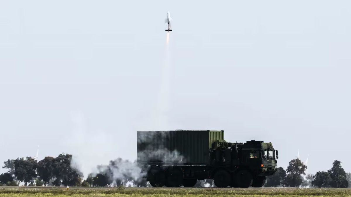 Loitering munition system with 62-mile range launched from containerized platform