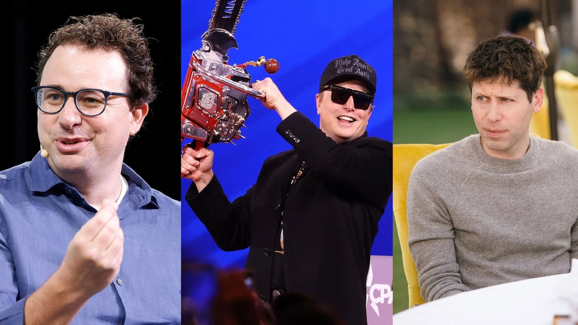 Görselde soldan sağa sırasıyla Andrew Briles, Elon Musk ve Mark Zuckerberg yer alıyor; Briles bir kupa tutarken Musk bir “Amerika’yı Yine Büyük Yap” şapkası takıyor.