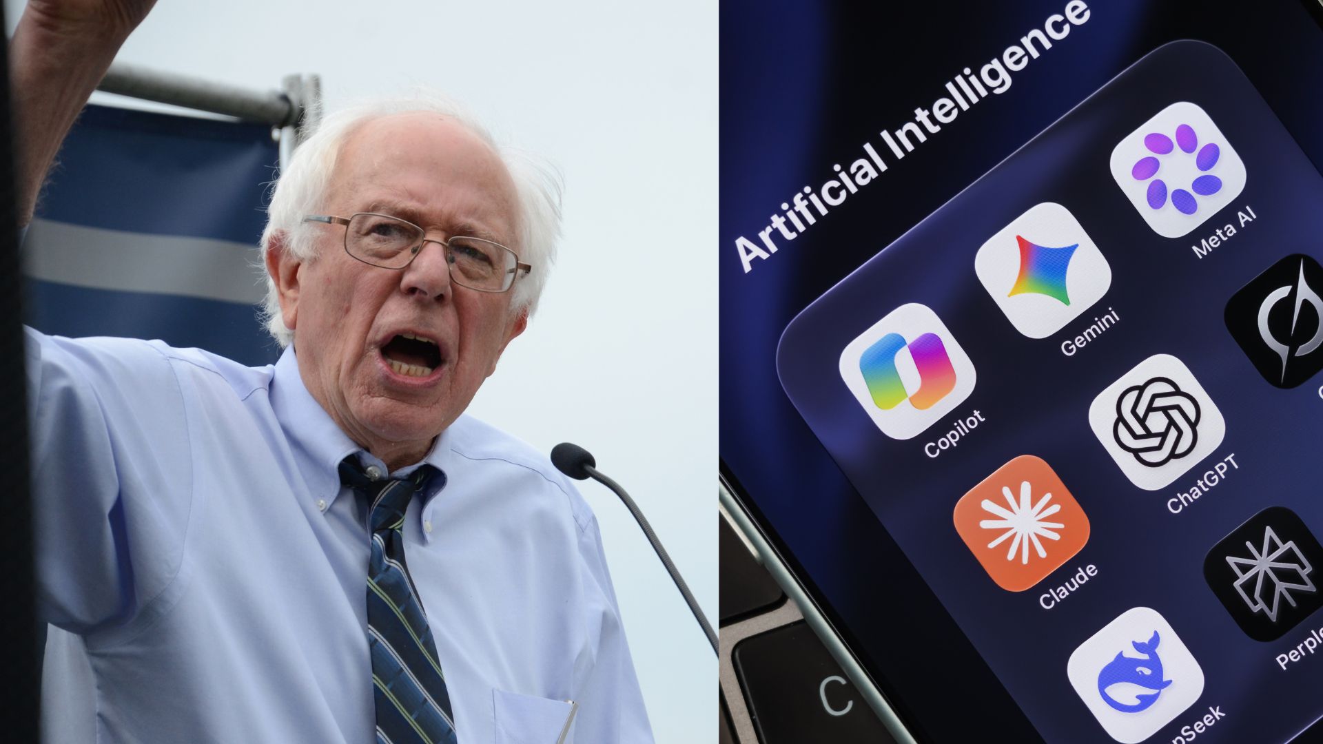 Görsel, bir akıllı telefonun çeşitli yapay zeka uygulamalarını gösterdiği bir fotoğrafı ve yanında mikrofonun başında konuşan Senatör Bernie Sanders'ı sergiliyor.