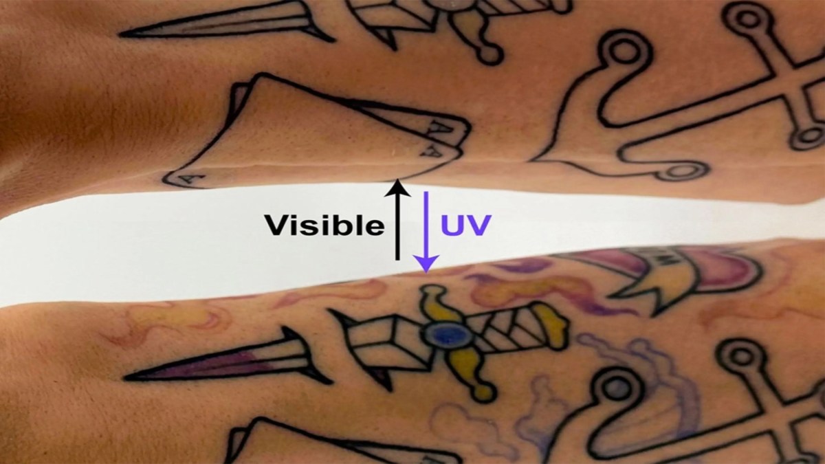 This tattoo ink changes colour with light and can make designs nearly vanish