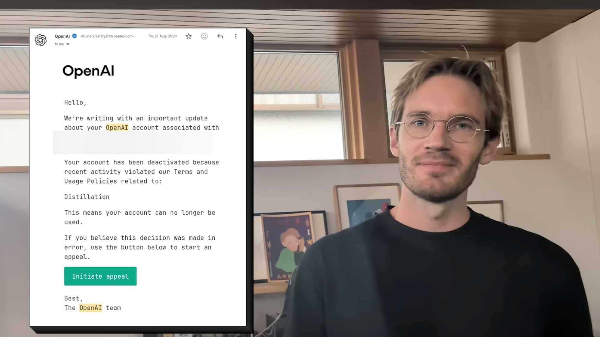 Ekran görüntüsünde, damıtma (distillation) ile ilgili politika ihlalleri nedeniyle bir hesabın devre dışı bırakıldığını bildiren bir OpenAI e-posta bildirimi görülmekte olup arka planda bir erkeğin yüzü kısmen…